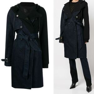 RtA Belinda Denim‎ Trench Coat with Hoodie Blue/Black Contrast Sz XS